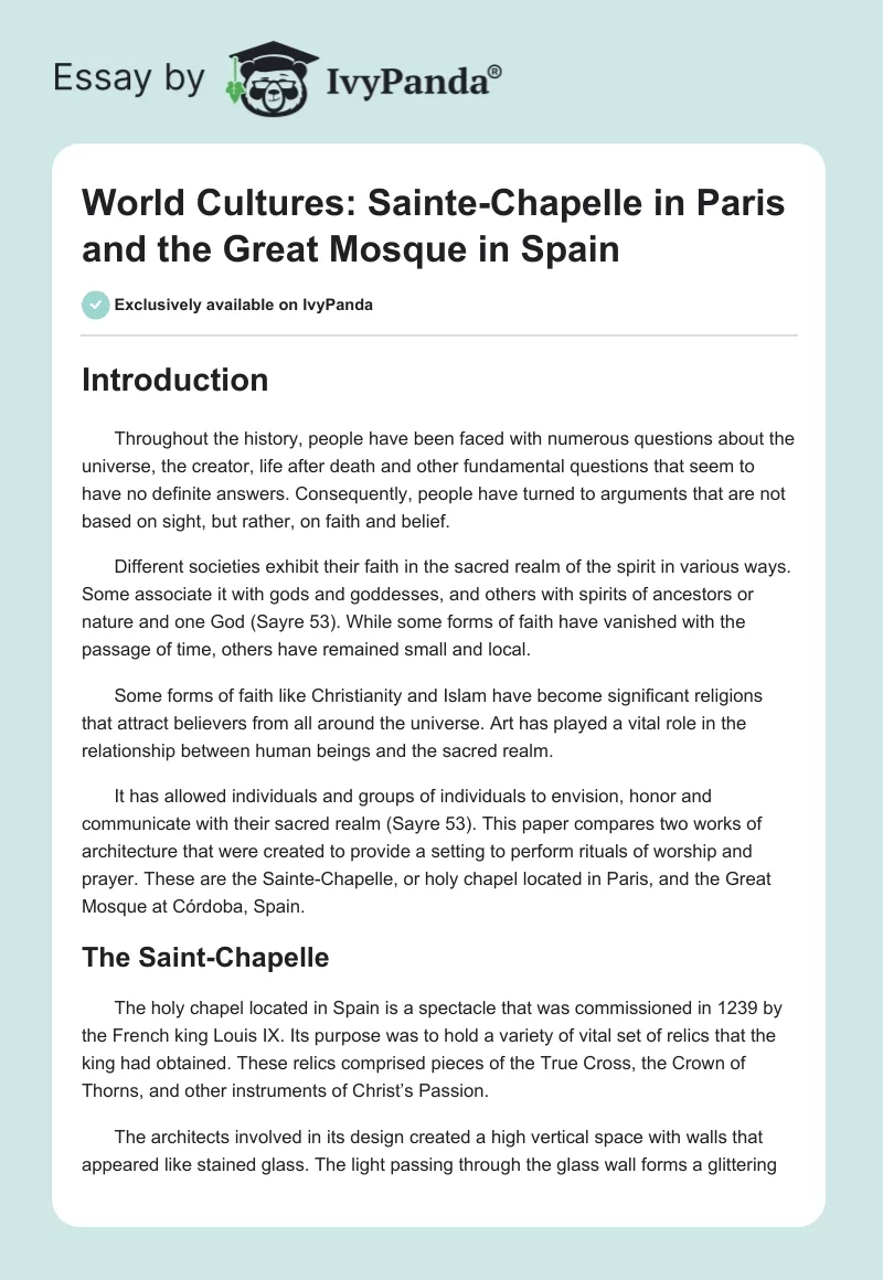 World Cultures: Sainte-Chapelle in Paris and the Great Mosque in Spain. Page 1
