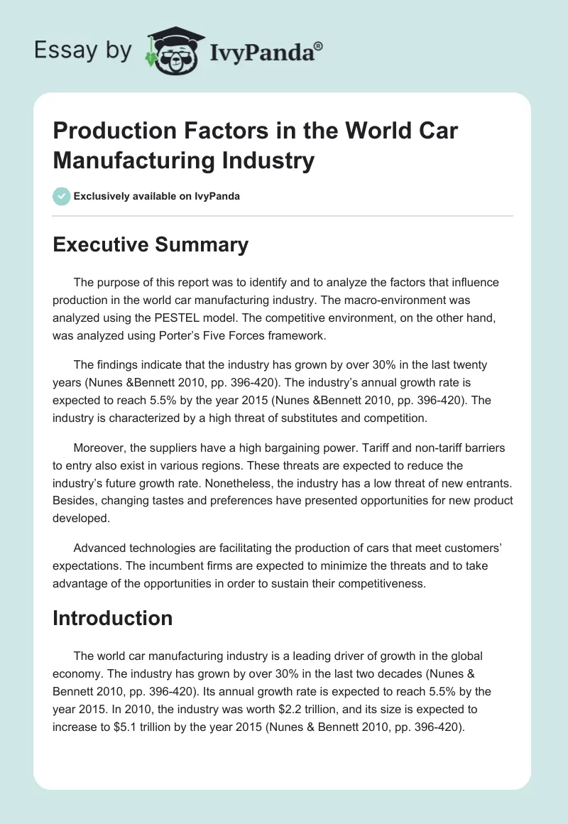 Production Factors in the World Car Manufacturing Industry. Page 1