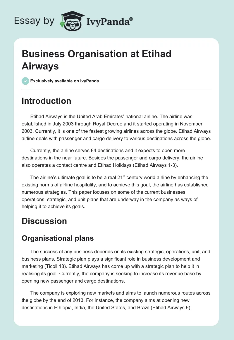 Business Organisation at Etihad Airways. Page 1