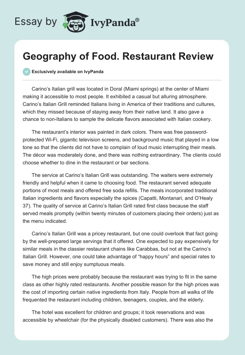 sample essay about restaurant review