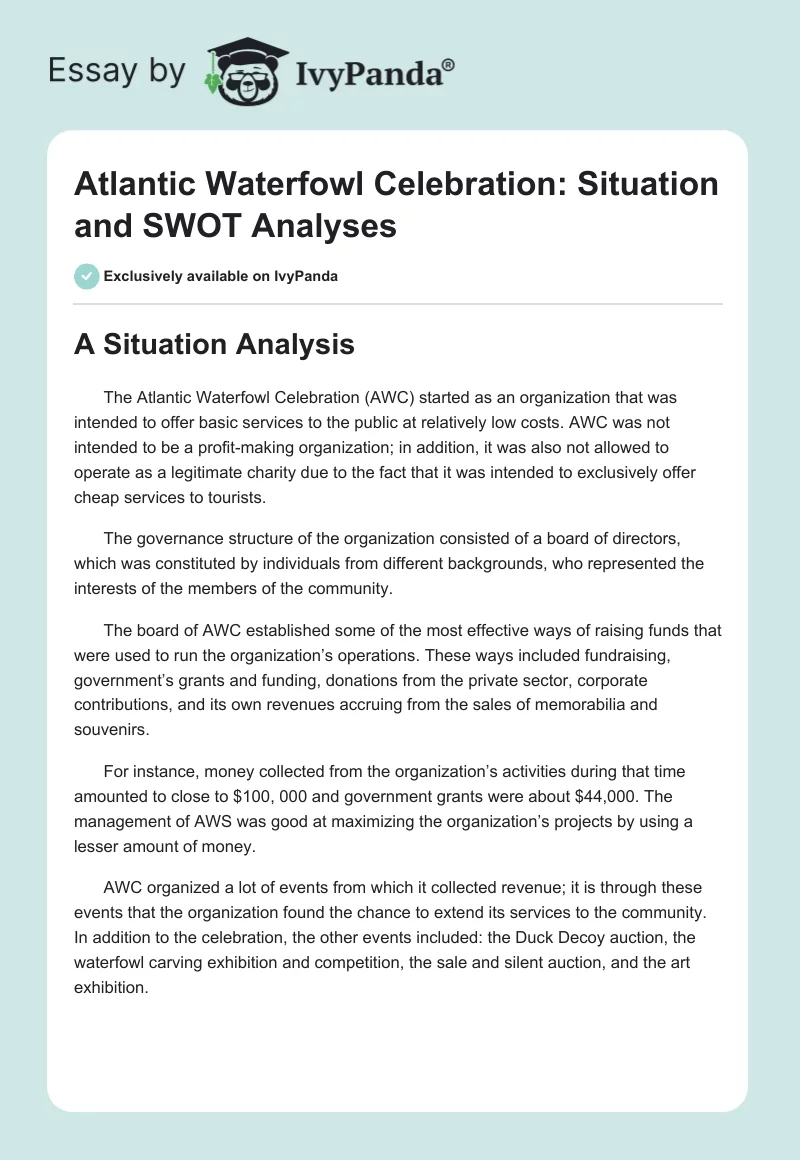 Atlantic Waterfowl Celebration: Situation and SWOT Analyses. Page 1
