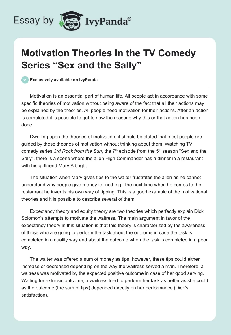 Motivation Theories in the TV Comedy Series “Sex and the Sally”. Page 1