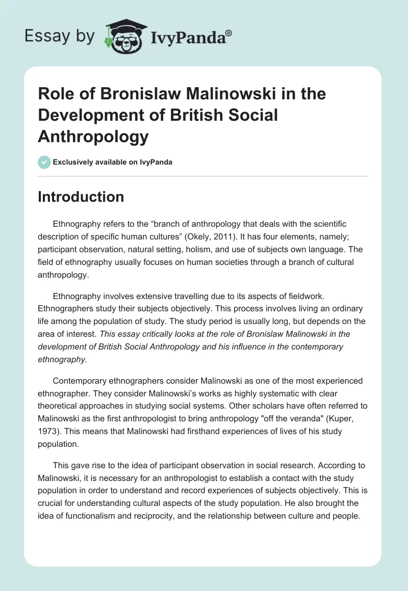 Role of Bronislaw Malinowski in the Development of British Social Anthropology. Page 1
