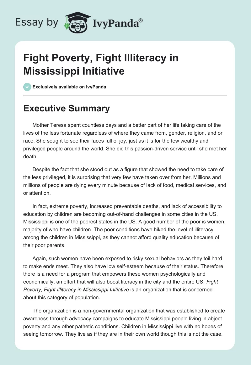 Fight Poverty, Fight Illiteracy in Mississippi Initiative. Page 1