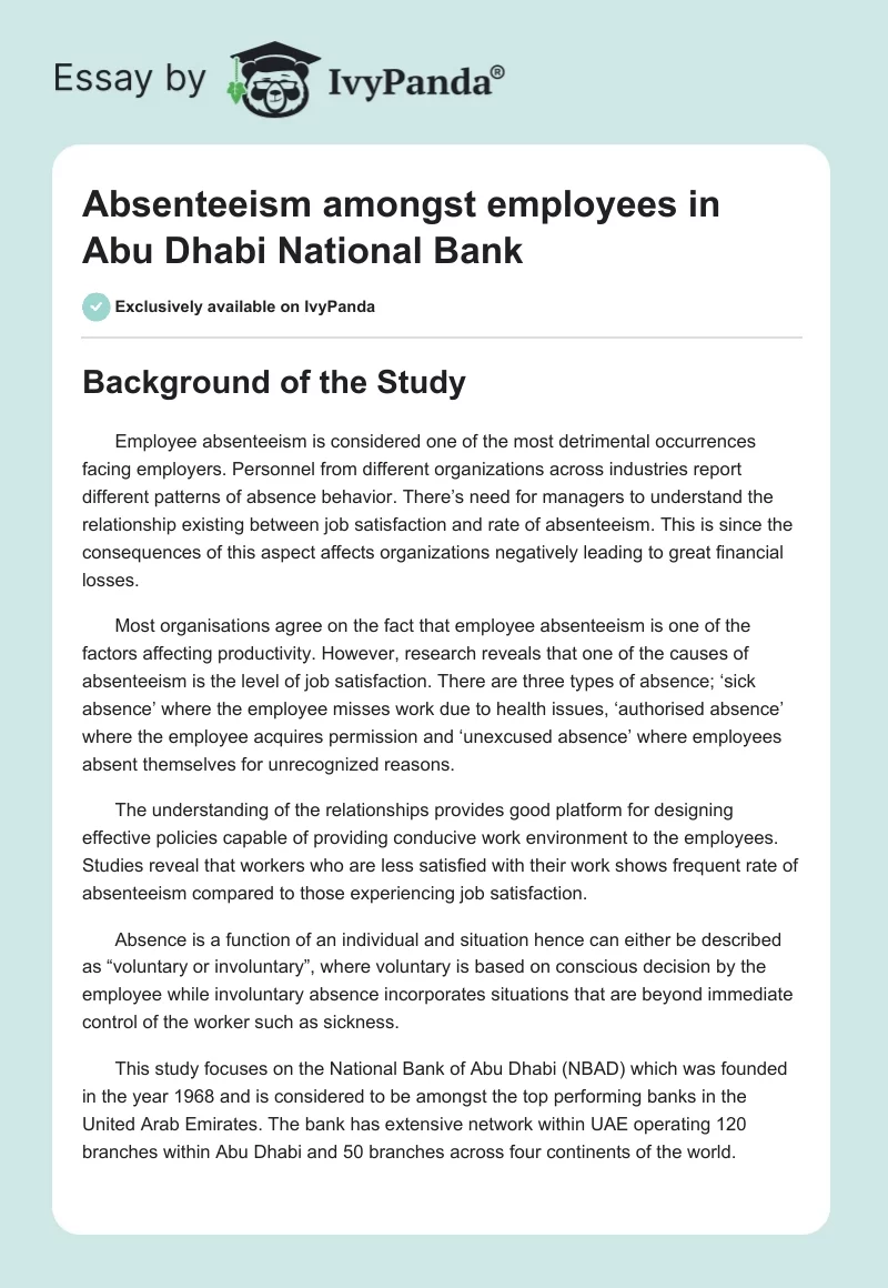 Absenteeism amongst employees in Abu Dhabi National Bank. Page 1