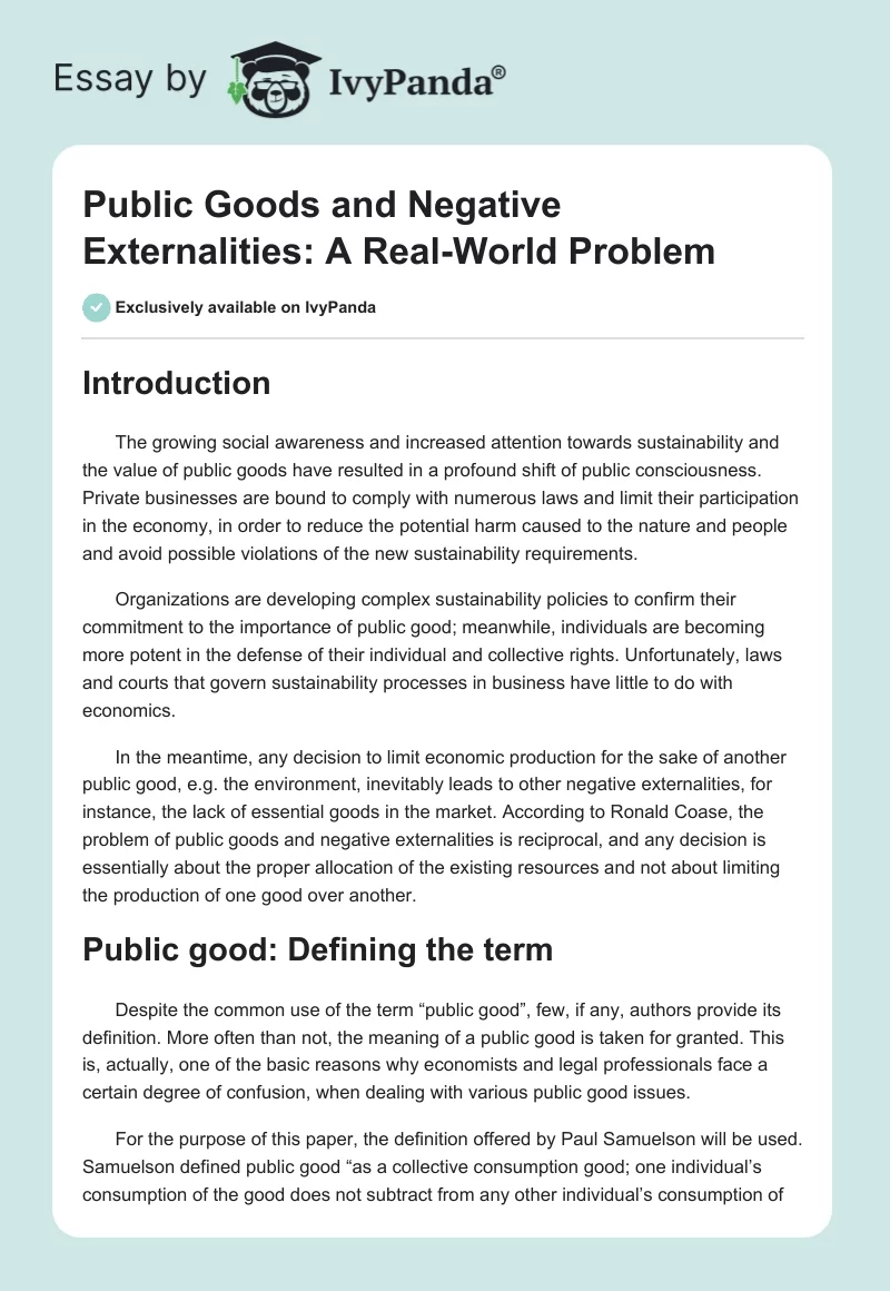 Public Goods and Negative Externalities: A Real-World Problem. Page 1