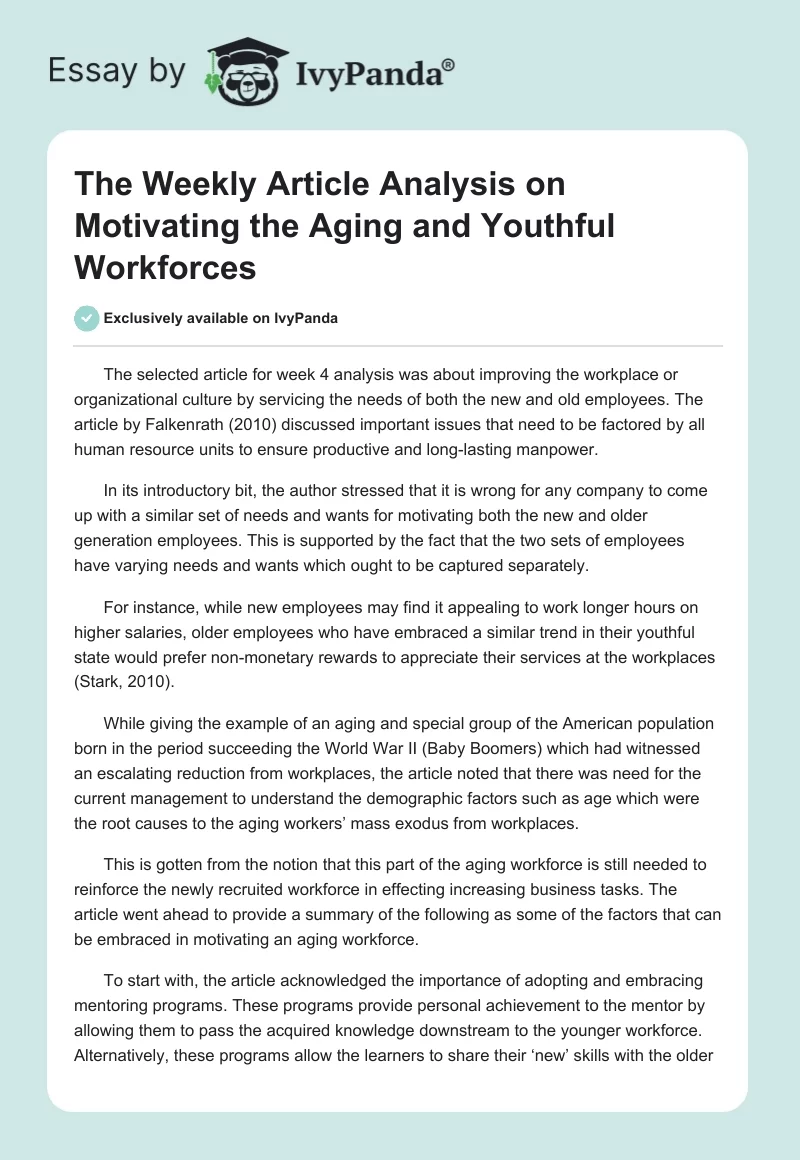 The Weekly Article Analysis on Motivating the Aging and Youthful Workforces. Page 1
