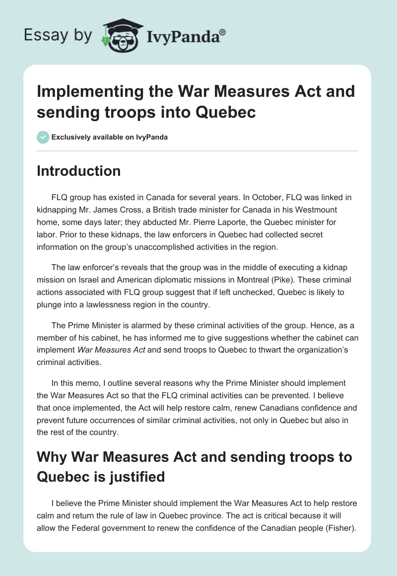 Implementing the War Measures Act and Sending Troops Into Quebec. Page 1