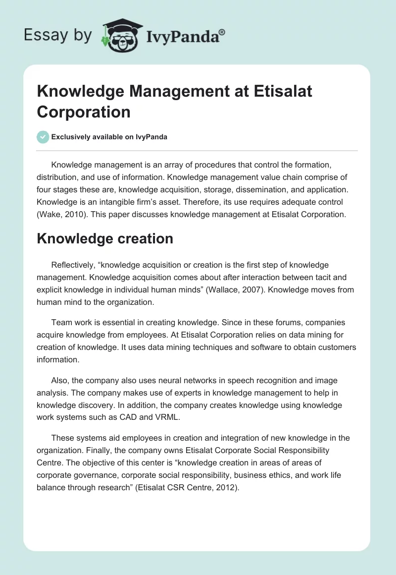 Knowledge Management at Etisalat Corporation. Page 1