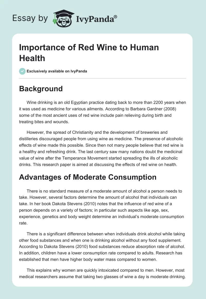 Importance of Red Wine to Human Health. Page 1