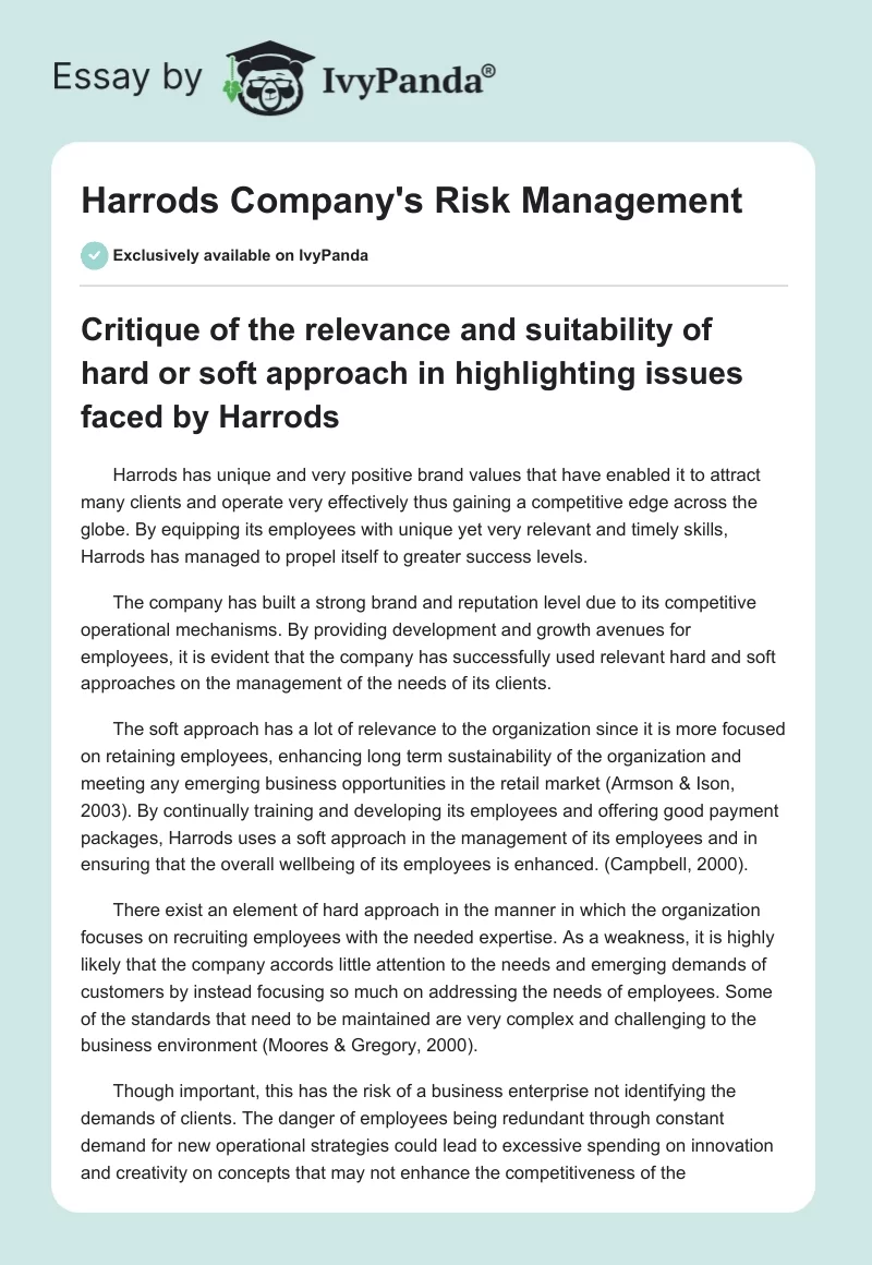 Harrods Company's Risk Management. Page 1