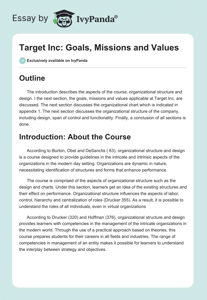 Target Inc: Goals, Missions and Values. Page 1