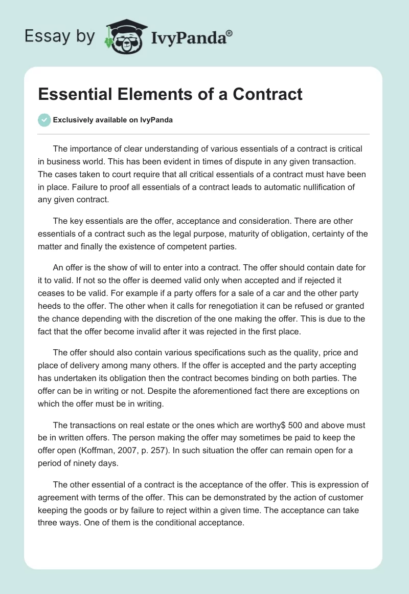 Essential Elements of a Contract. Page 1