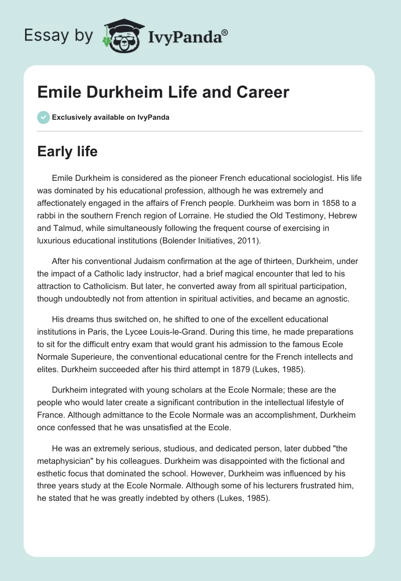 Emile Durkheim Life and Career. Page 1