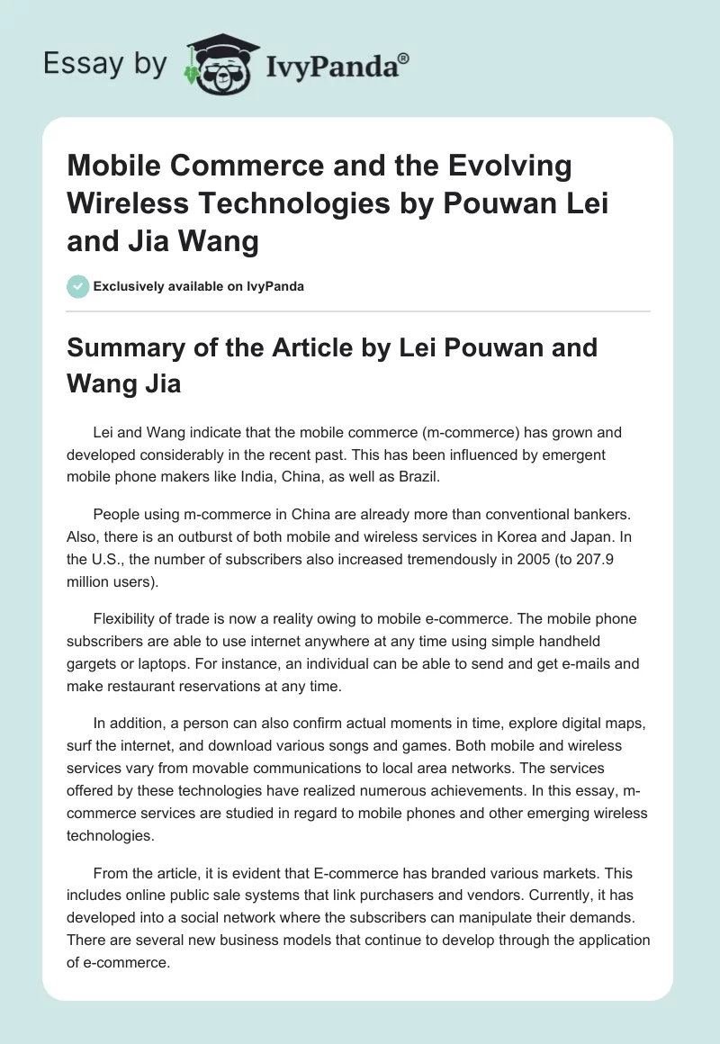 Mobile Commerce and the Evolving Wireless Technologies by Pouwan Lei and Jia Wang. Page 1