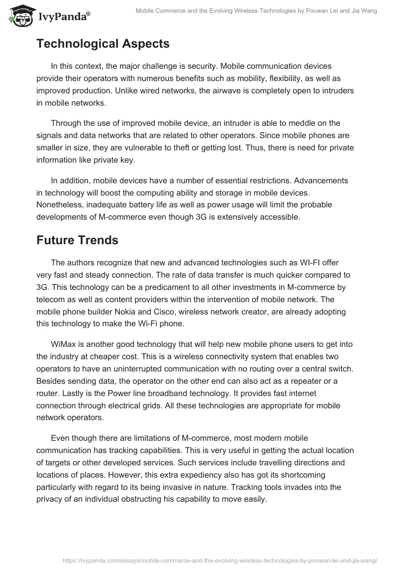 Mobile Commerce and the Evolving Wireless Technologies by Pouwan Lei and Jia Wang. Page 4