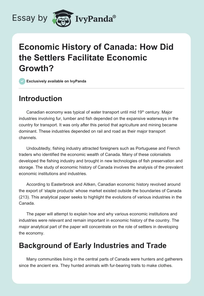 Economic History of Canada: How Did the Settlers Facilitate Economic Growth?. Page 1