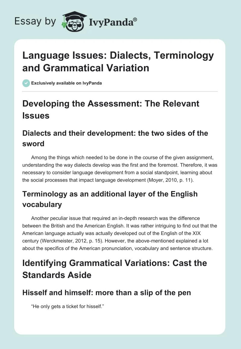 Language Issues: Dialects, Terminology and Grammatical Variation. Page 1