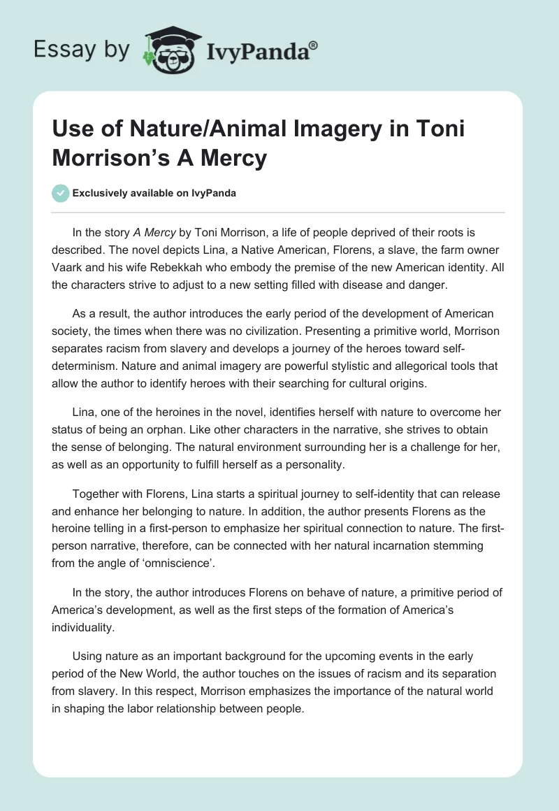 Use of Nature/Animal Imagery in Toni Morrison’s A Mercy. Page 1