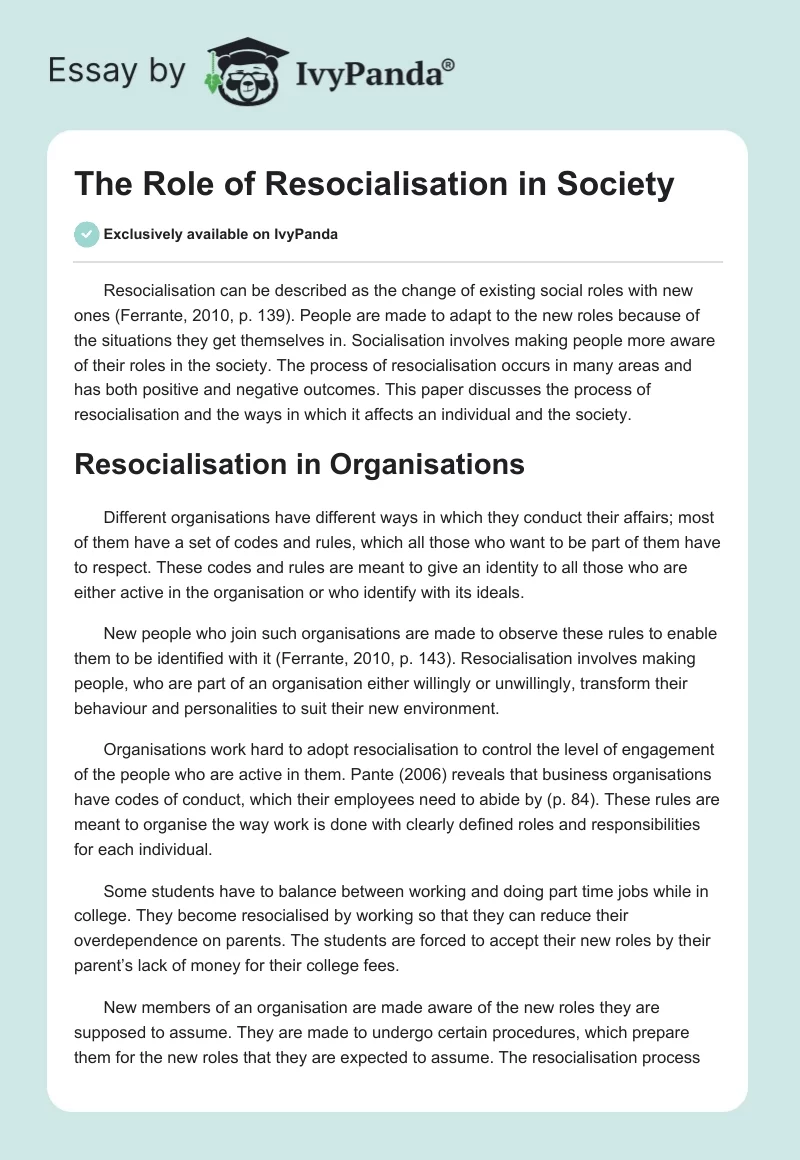 The Role of Resocialisation in Society. Page 1