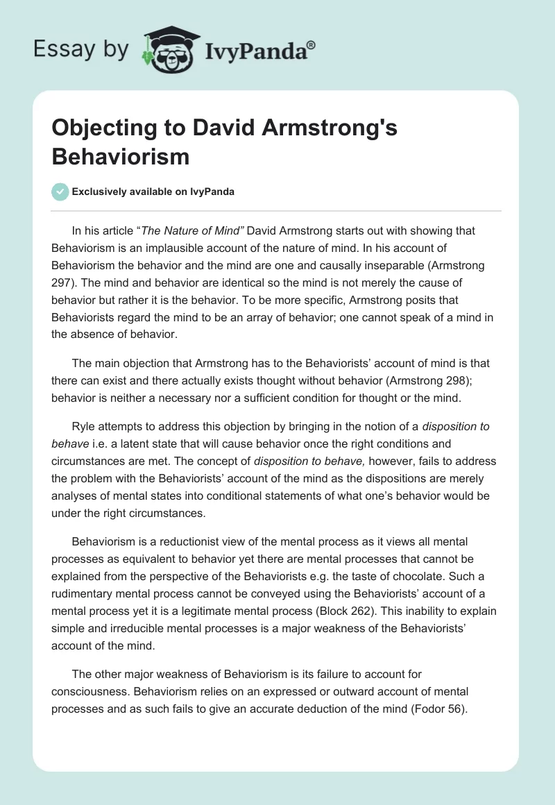 Objecting to David Armstrong's Behaviorism. Page 1
