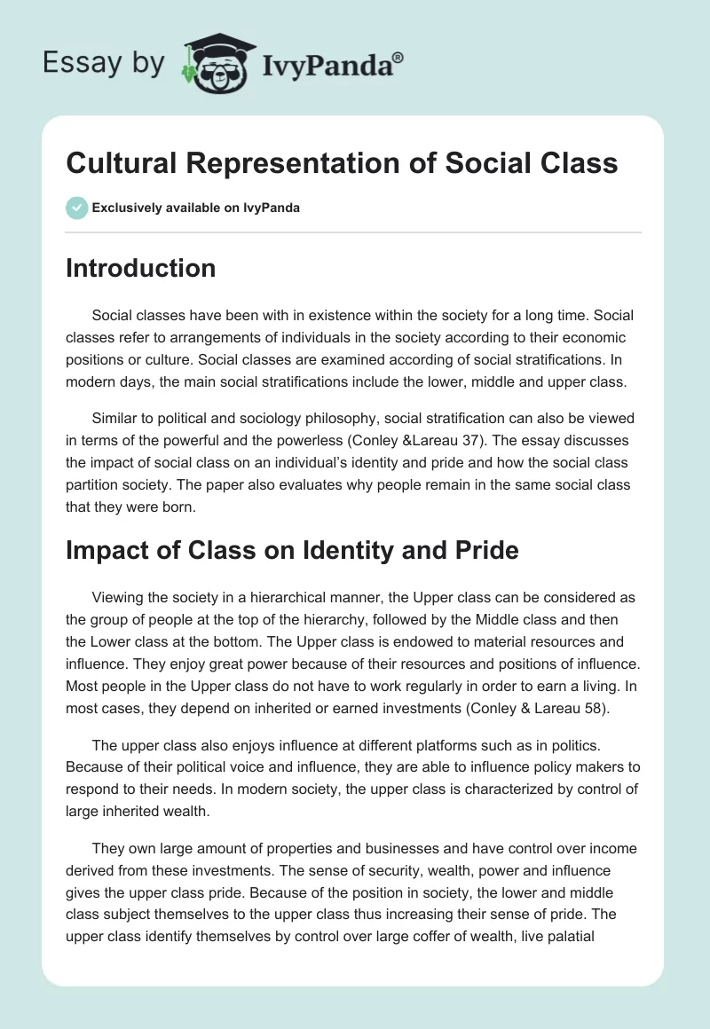 Cultural Representation of Social Class. Page 1