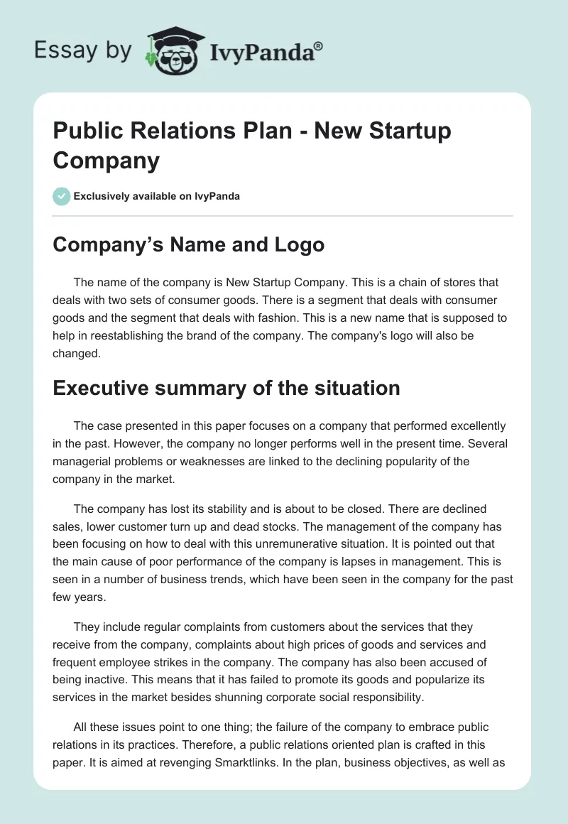 Public Relations Plan - New Startup Company. Page 1