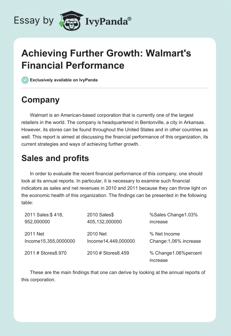 Achieving Further Growth: Walmart's Financial Performance. Page 1