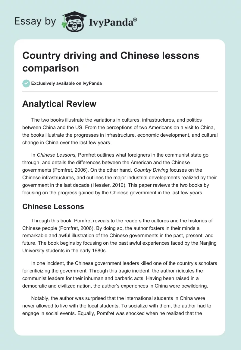 "Country driving" and "Chinese lessons" comparison. Page 1