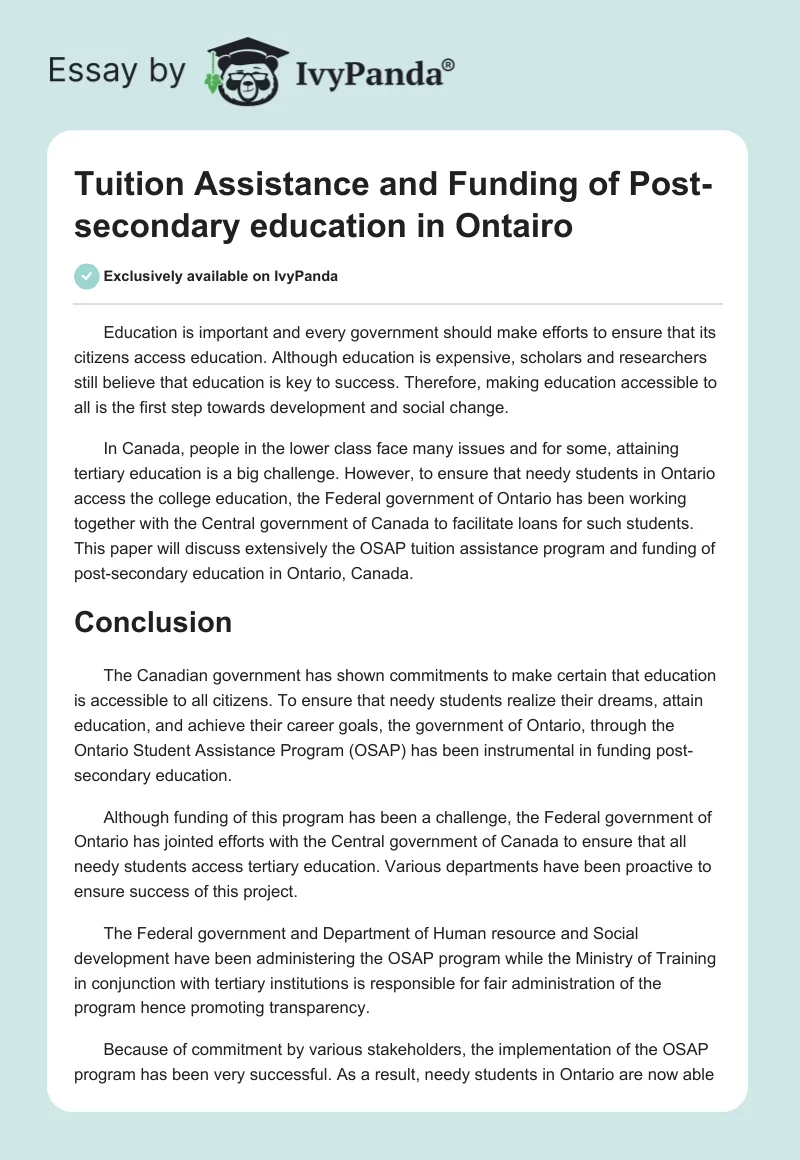 Tuition Assistance and Funding of Post-secondary education in Ontairo. Page 1