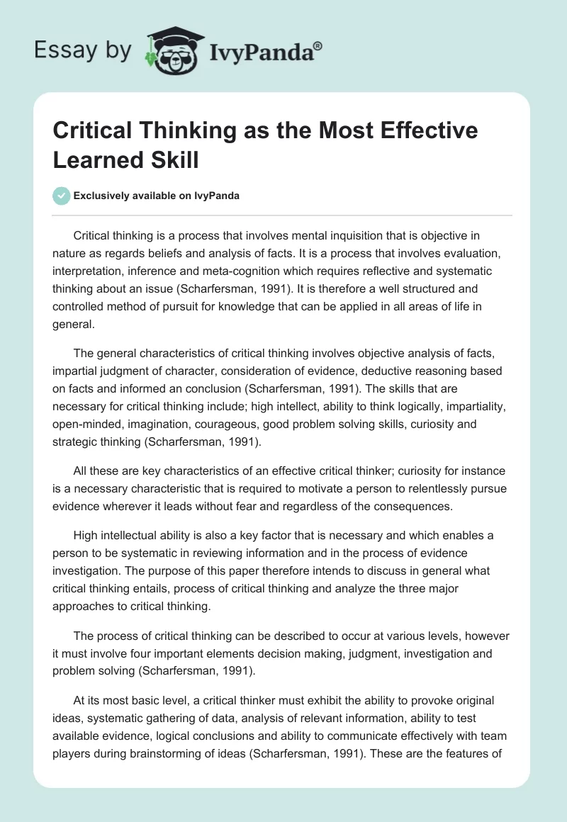 Critical Thinking as the Most Effective Learned Skill. Page 1