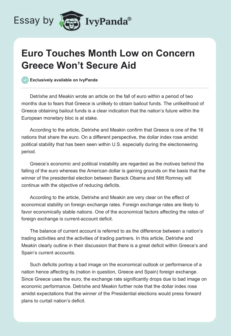 Euro Touches Month Low on Concern Greece Won’t Secure Aid. Page 1