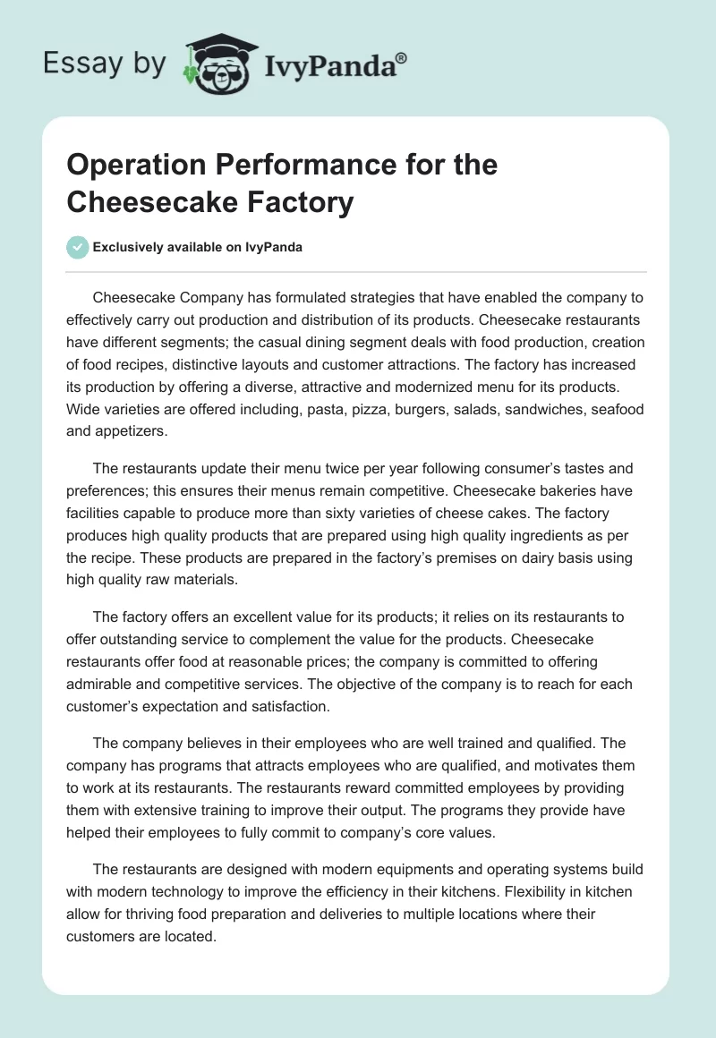 Operation Performance for the Cheesecake Factory. Page 1