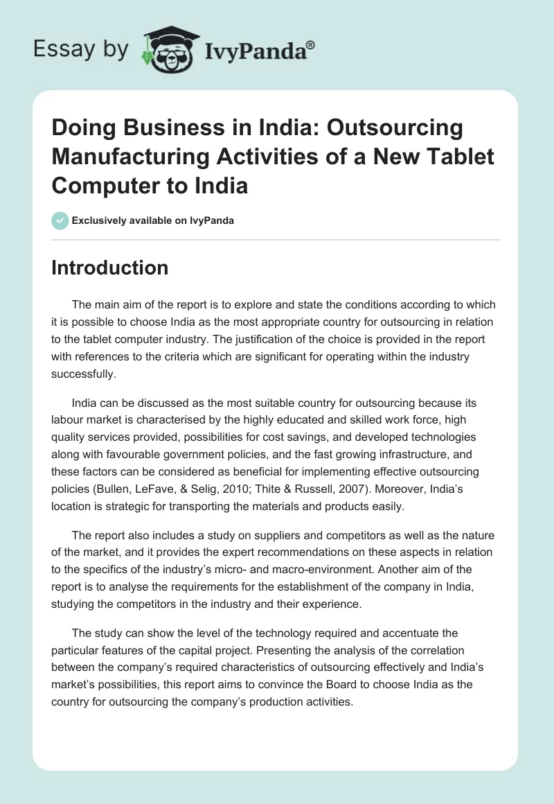 Doing Business in India: Outsourcing Manufacturing Activities of a New Tablet Computer to India. Page 1