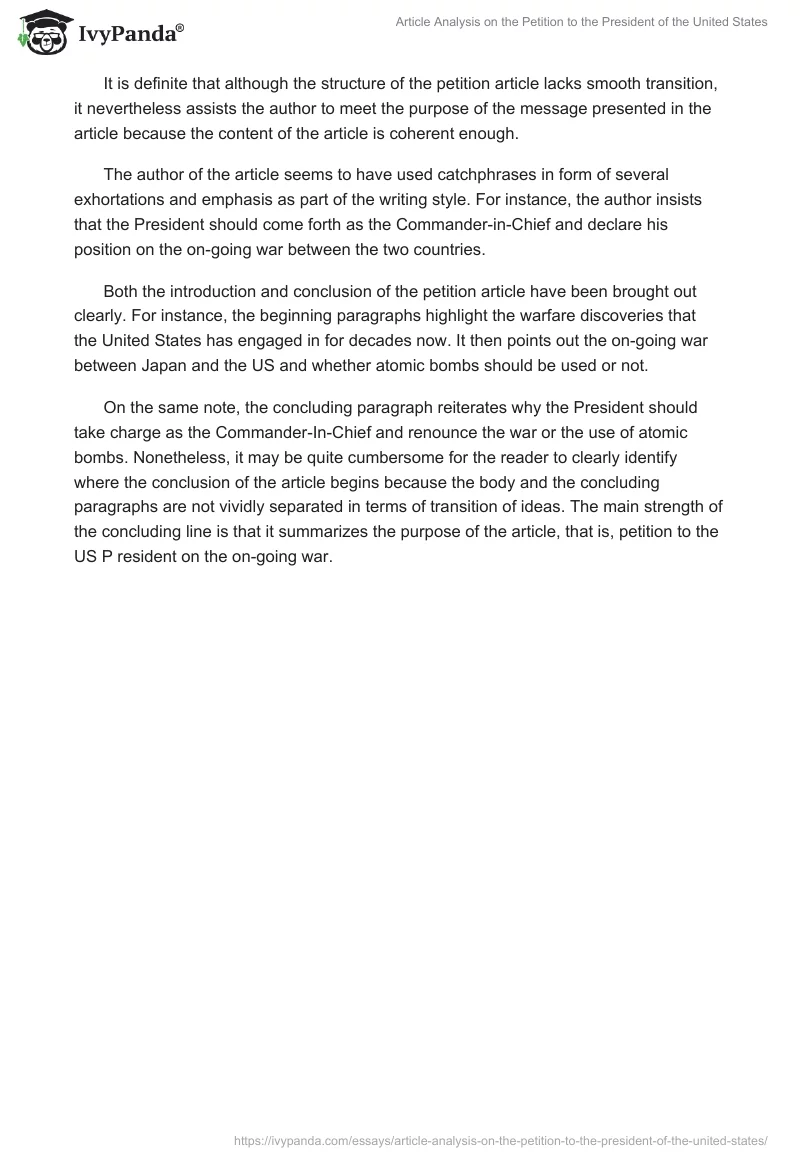 Article Analysis on the Petition to the President of the United States. Page 2