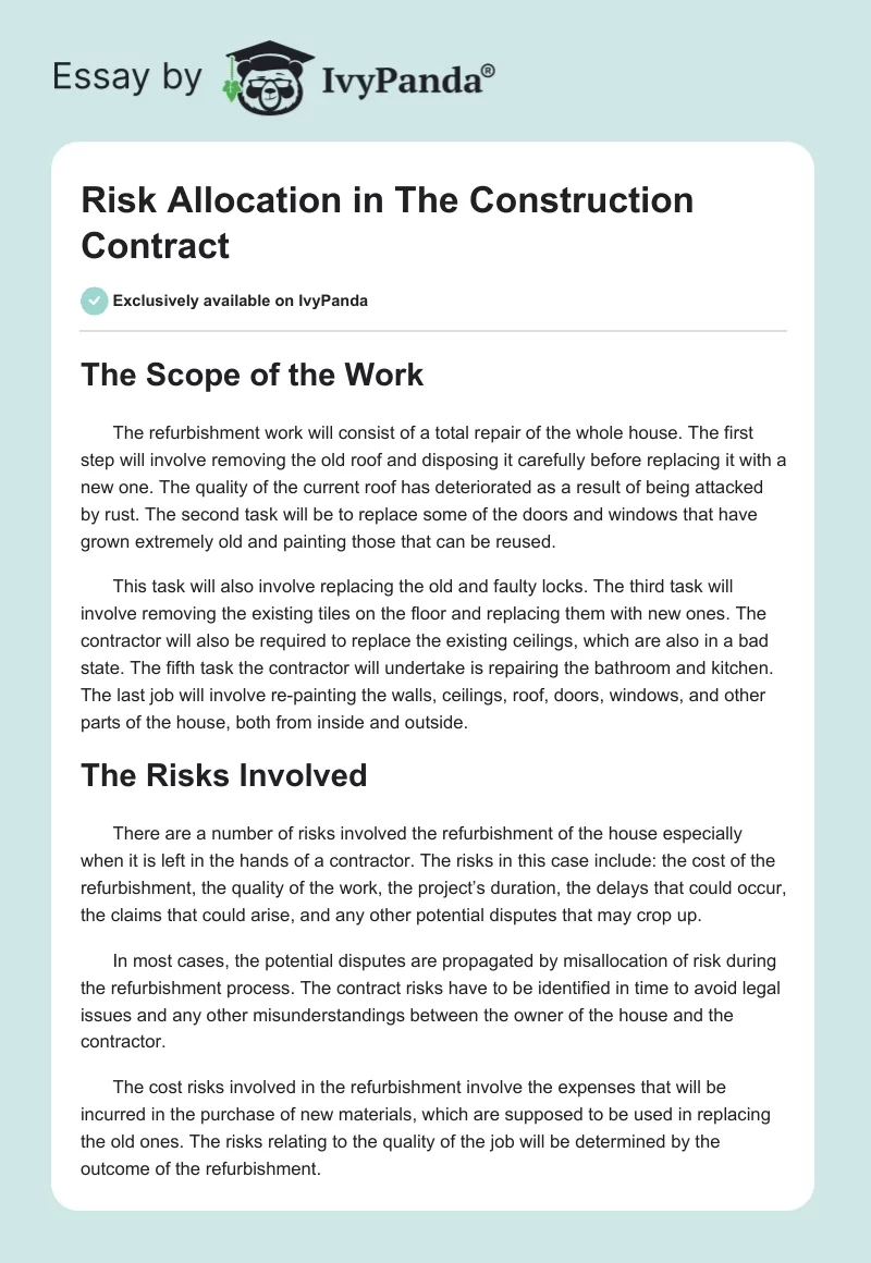 Risk Allocation in the Construction Contract. Page 1