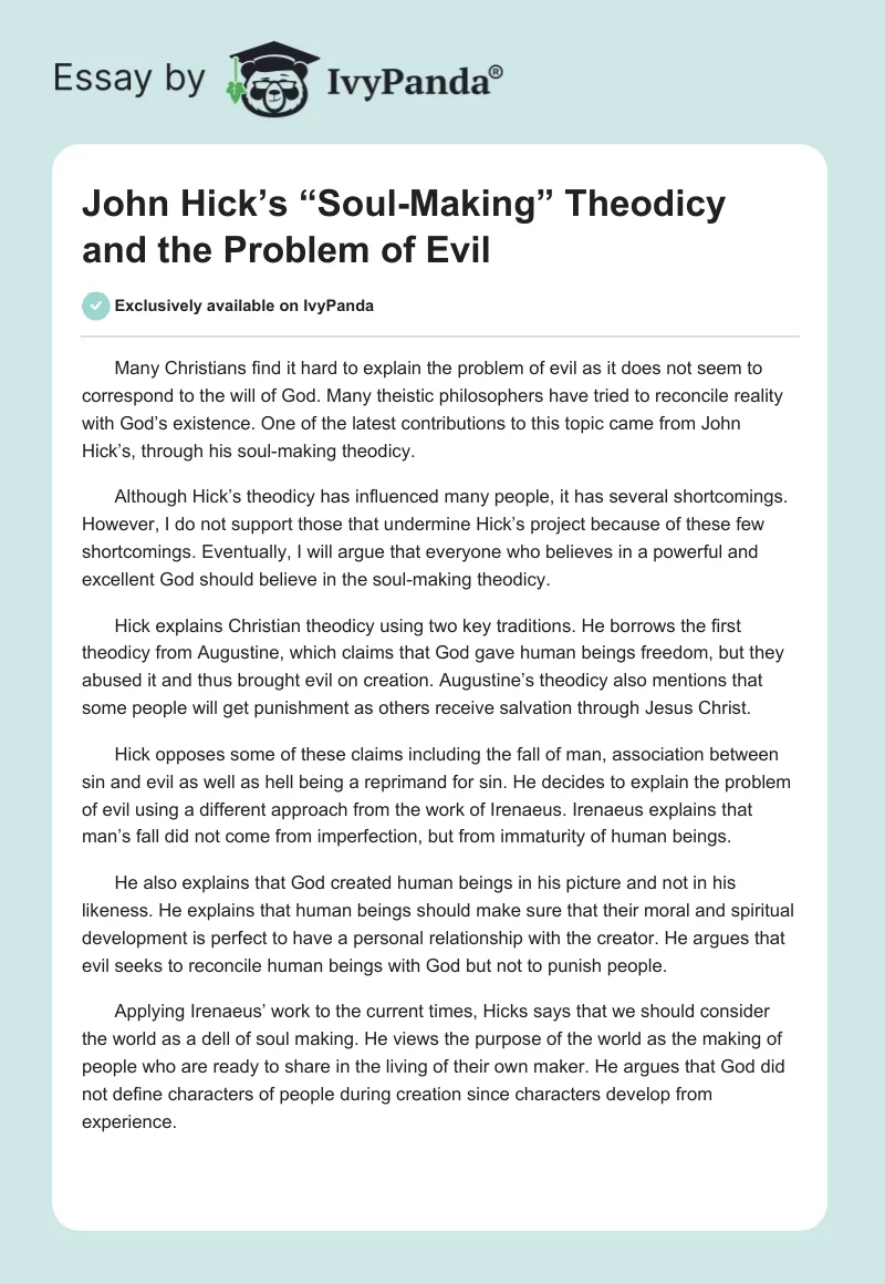 John Hick’s “Soul-Making” Theodicy and the Problem of Evil. Page 1