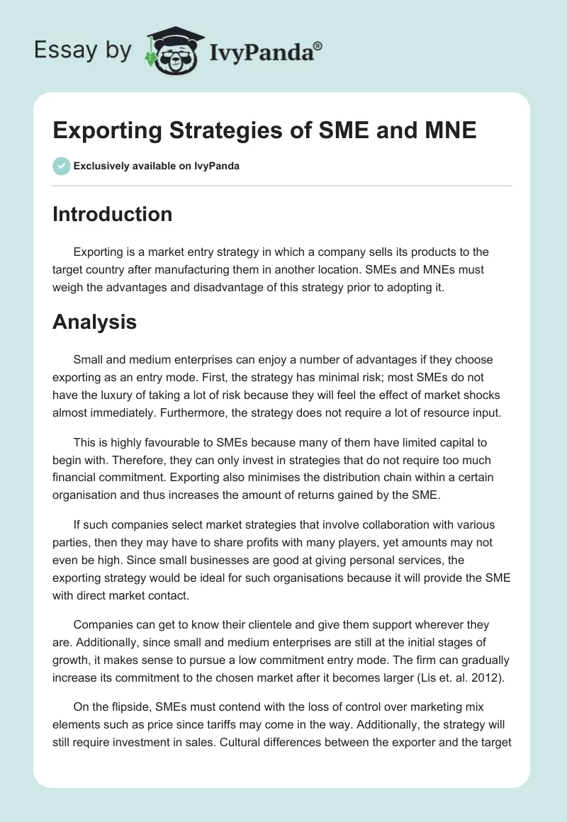 Exporting Strategies of SME and MNE. Page 1