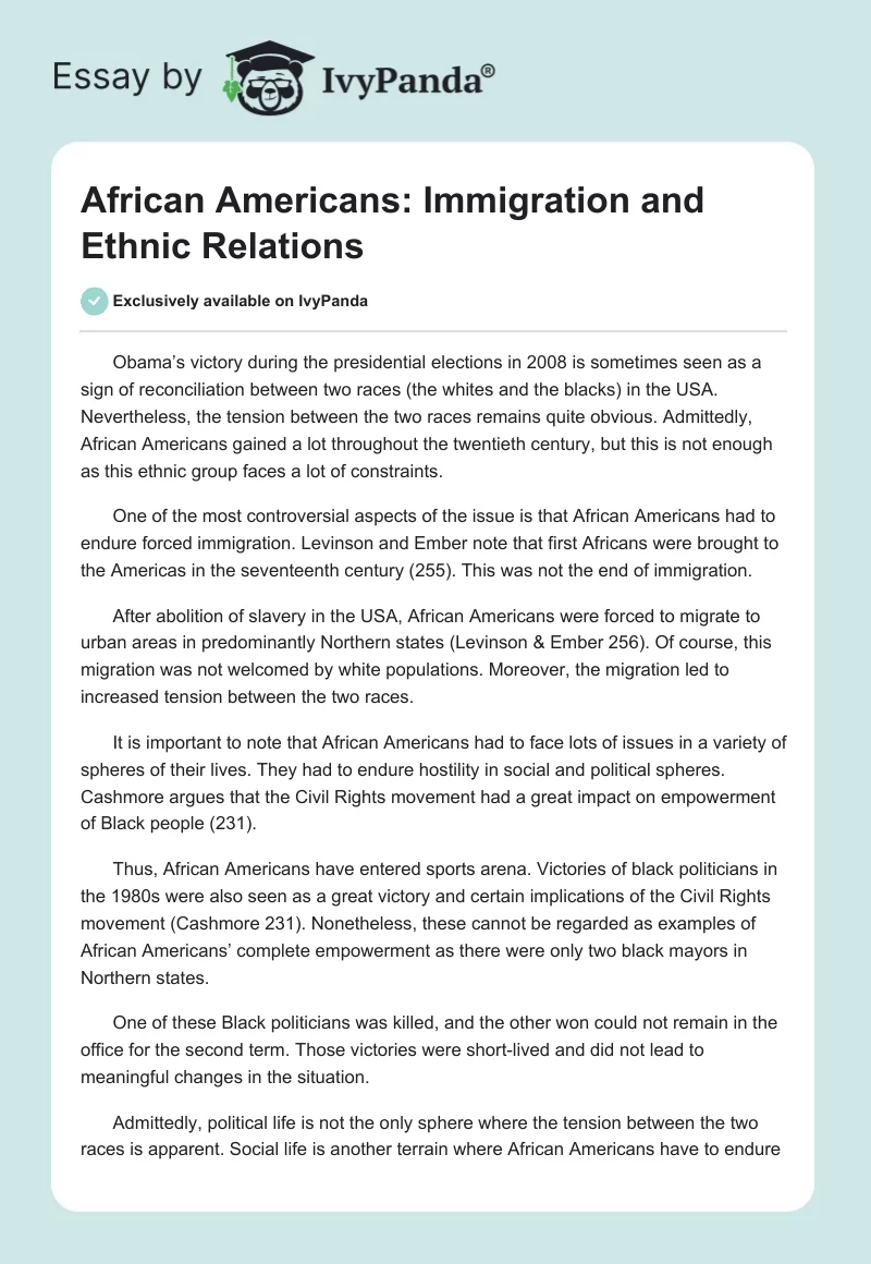 African Americans: Immigration and Ethnic Relations. Page 1