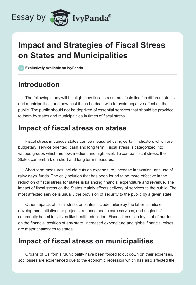 Impact and Strategies of Fiscal Stress on States and Municipalities. Page 1