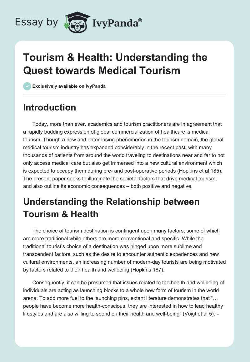 Tourism & Health: Understanding the Quest towards Medical Tourism. Page 1