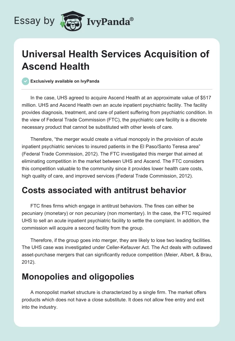 Universal Health Services Acquisition of Ascend Health. Page 1