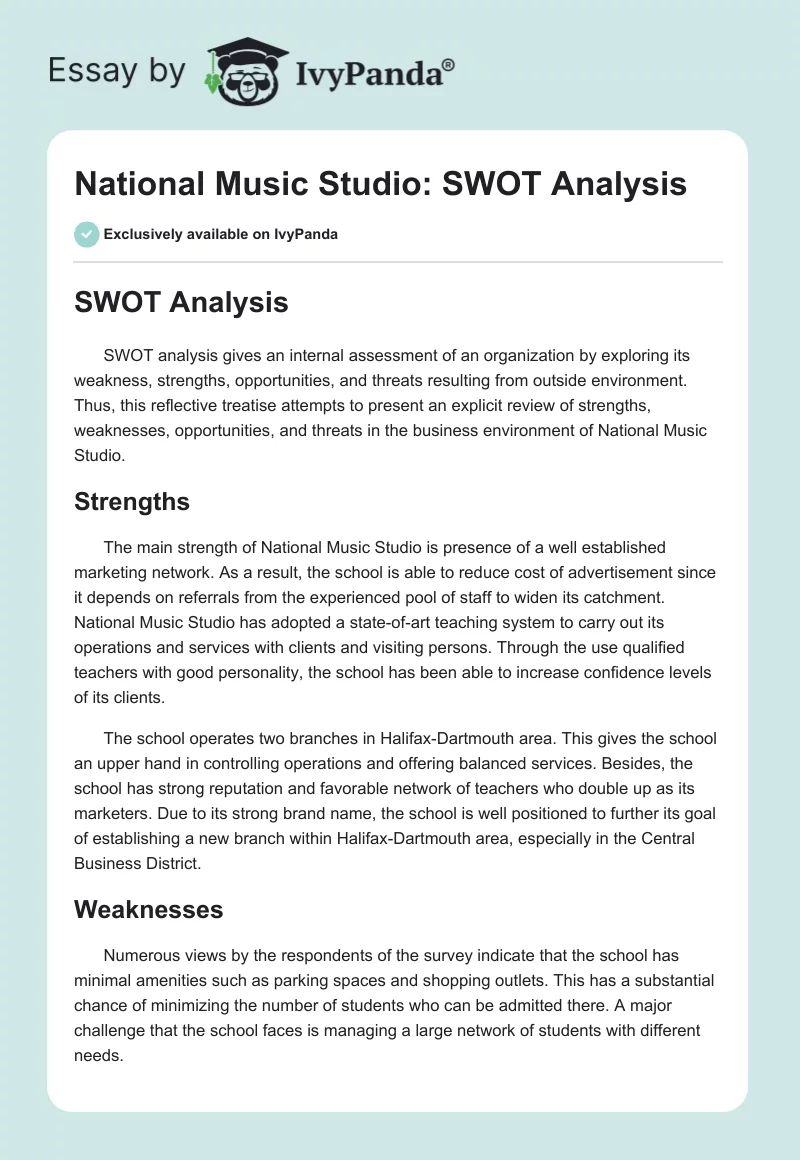 National Music Studio: SWOT Analysis. Page 1