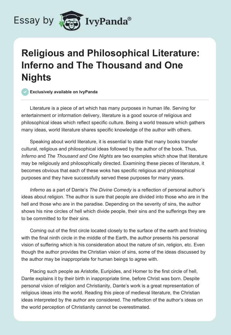 Religious and Philosophical Literature: Inferno and The Thousand and One Nights. Page 1