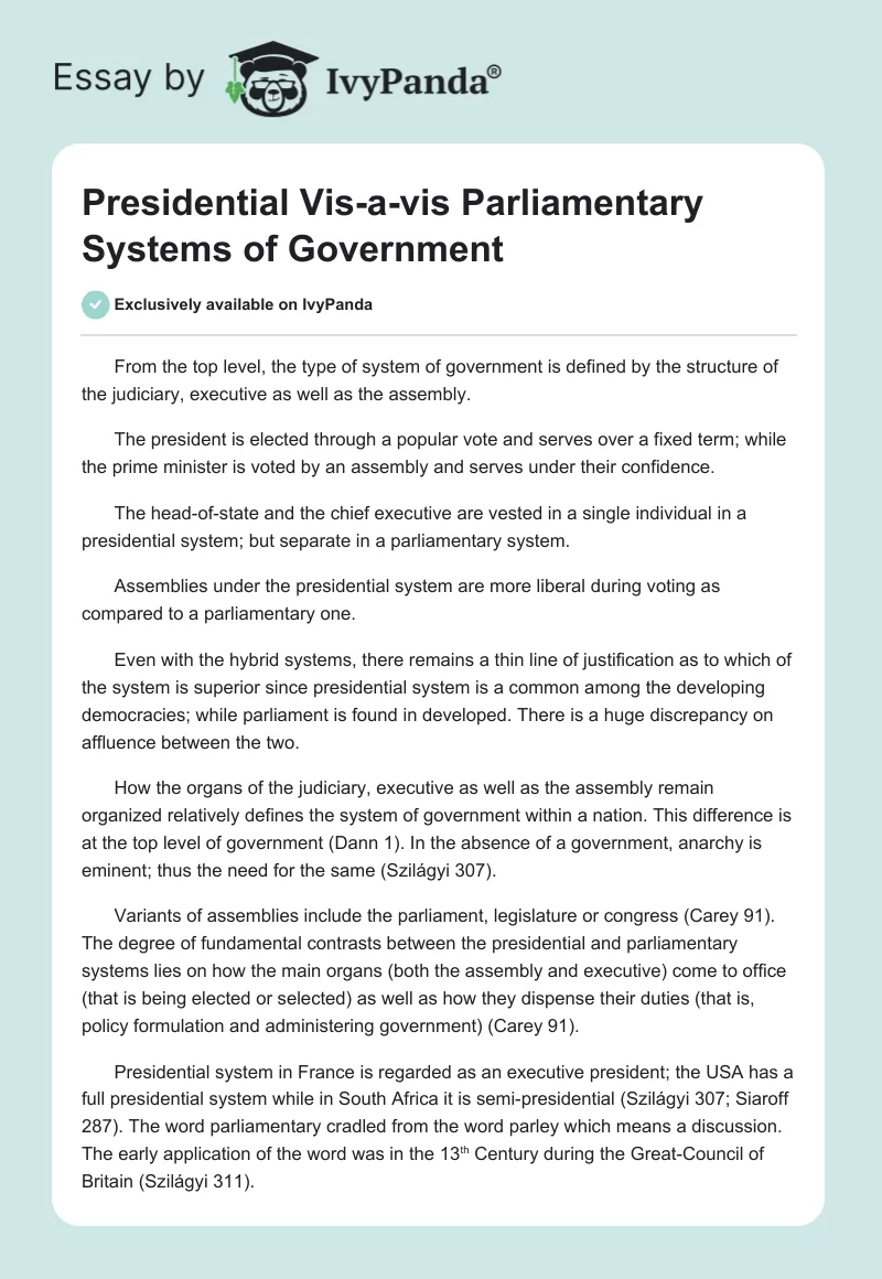 Presidential Vis-a-vis Parliamentary Systems of Government. Page 1