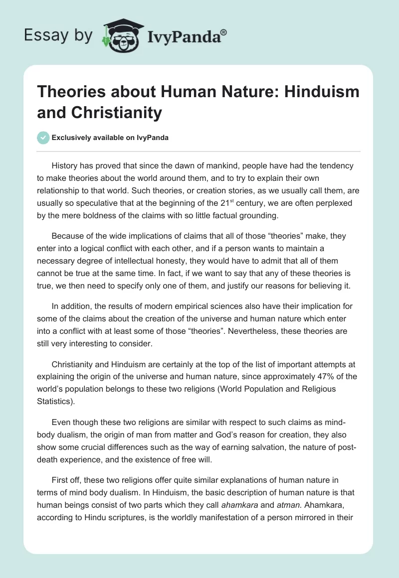 Theories about Human Nature: Hinduism and Christianity. Page 1