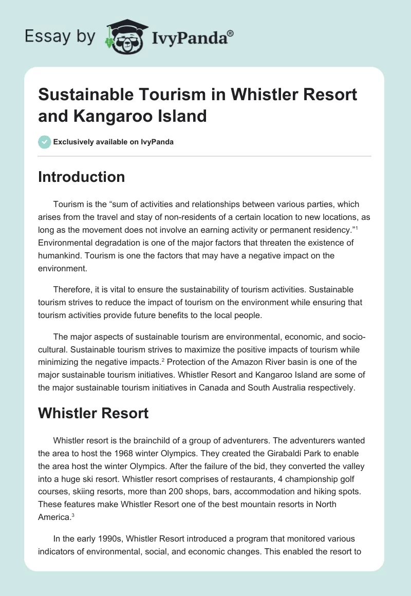 Sustainable Tourism in Whistler Resort and Kangaroo Island. Page 1