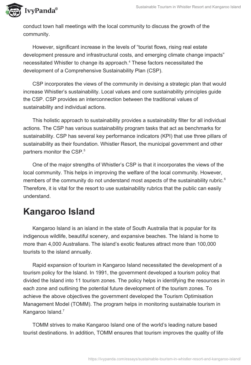 Sustainable Tourism in Whistler Resort and Kangaroo Island. Page 2