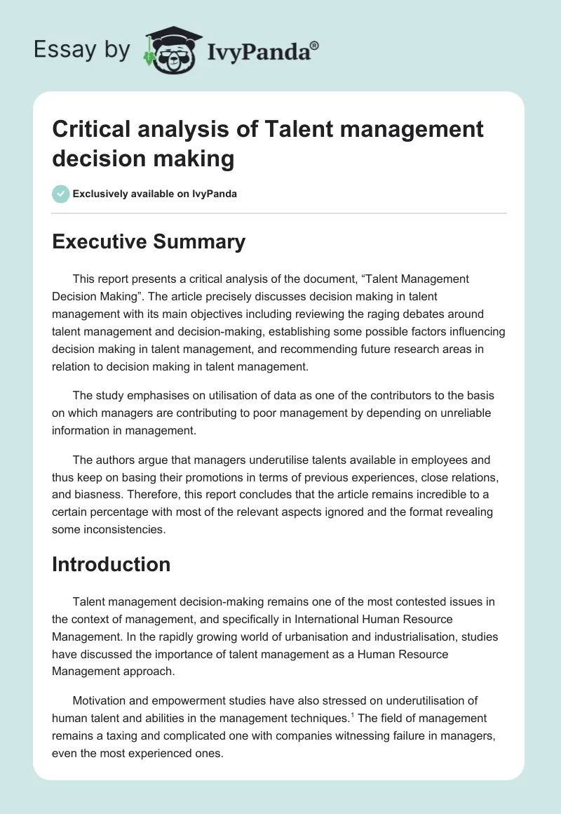 Critical analysis of Talent management decision making. Page 1