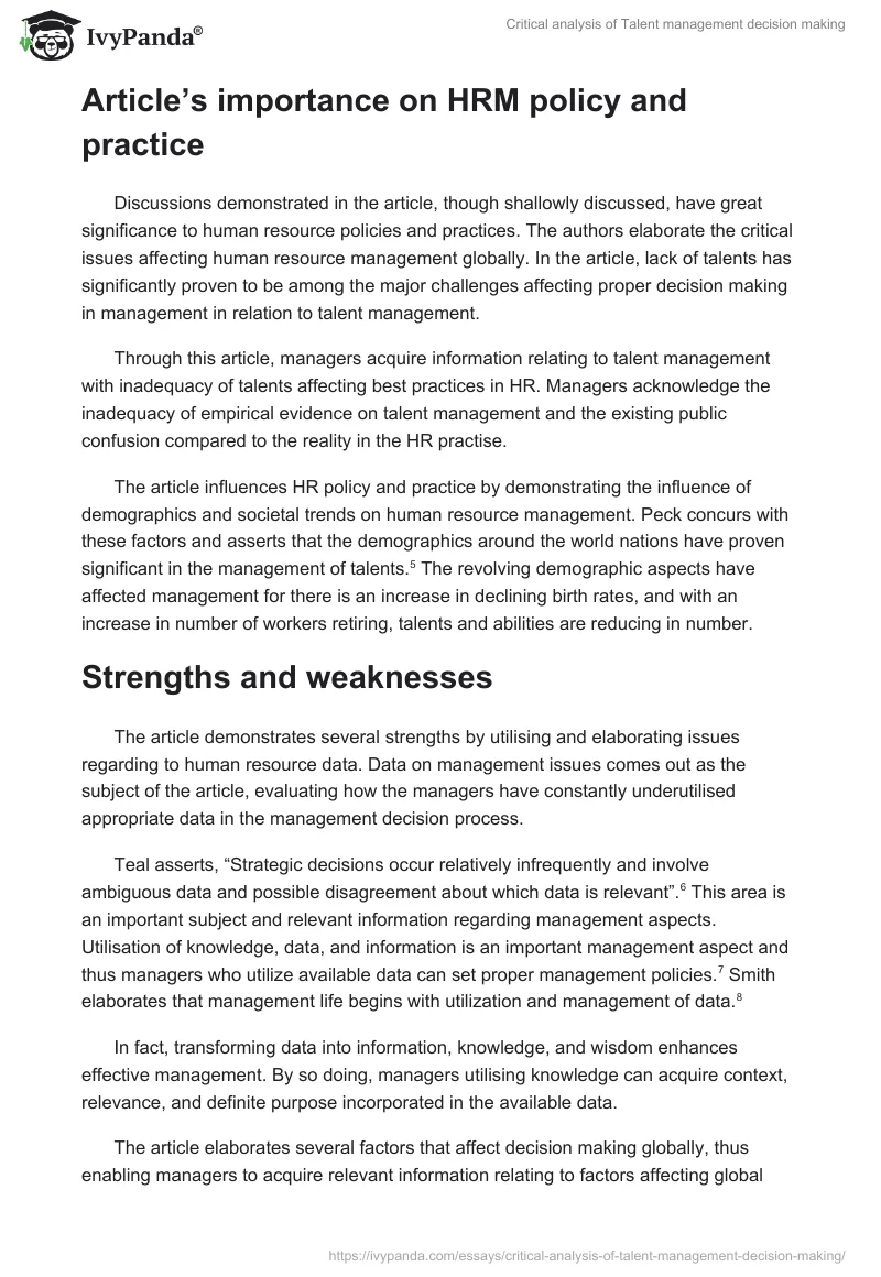Critical analysis of Talent management decision making. Page 4